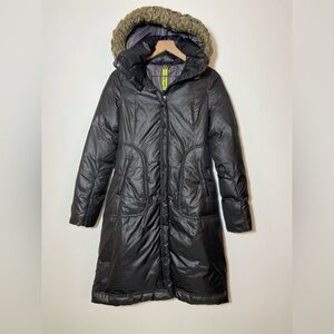 Soia Kyo Coat Womens XS Black Raccoon Fur Trim Hood Down Puffer Parka Long